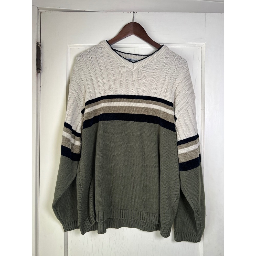 Y2K United Men's Striped V Neck Sweater Size Large Cream‎ Olive Black